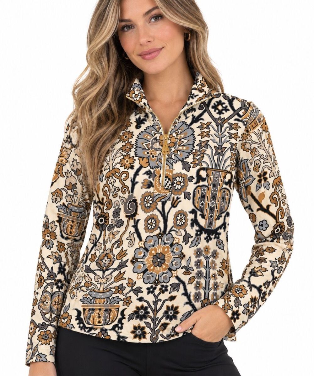 Spartina 449 Nora Half Zip Guerard Estate Cream Floral Pullover Size Small